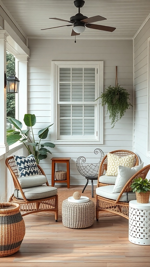 A cozy porch with two wicker chairs, a round coffee table, and plants, creating a comfortable seating arrangement.