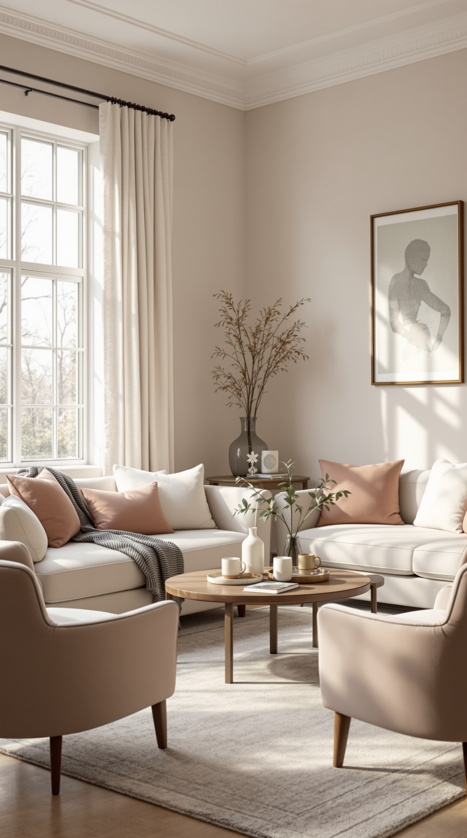 A cozy family room featuring a sectional sofa, armchairs, and a coffee table, with natural light coming through large windows.
