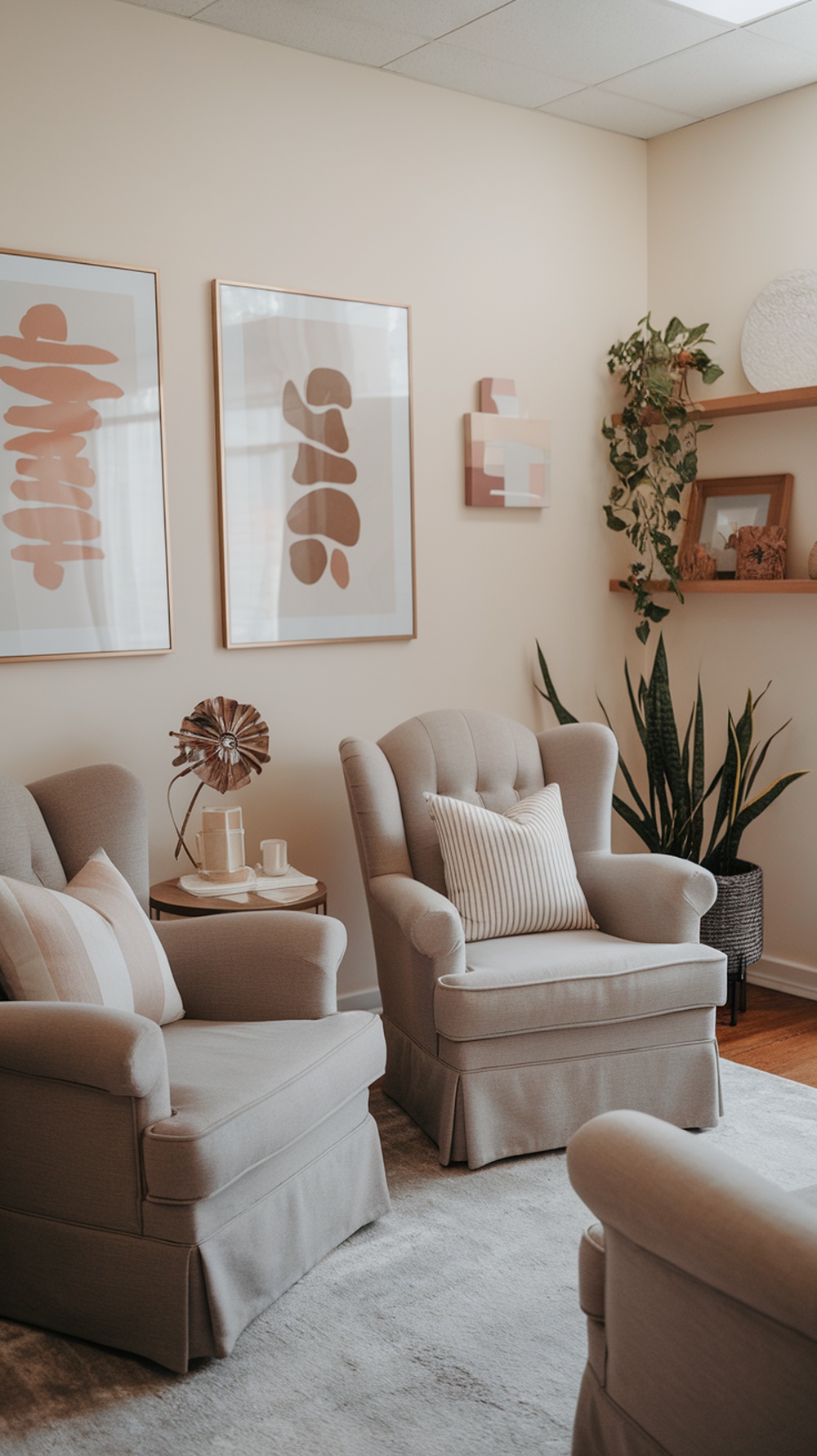 A cozy therapist office with two comfortable armchairs, decorative artwork on the walls, and indoor plants.