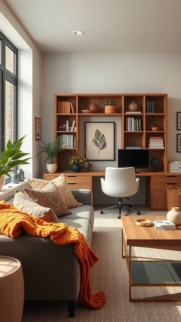 A cozy office space featuring a gray sofa with an orange throw, a wooden desk, and plants.