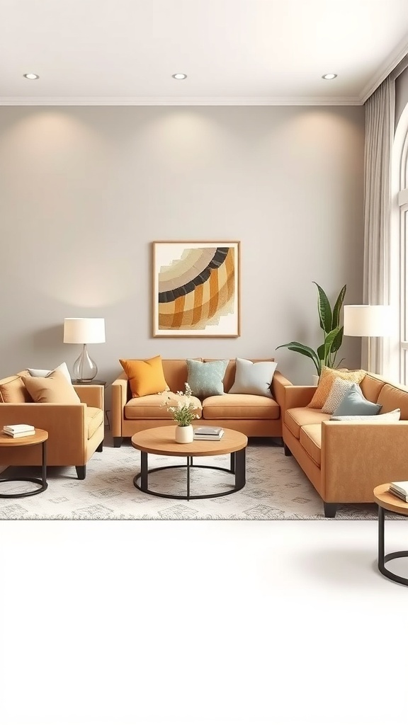 Cozy coastal living room with warm-toned sofas and colorful cushions