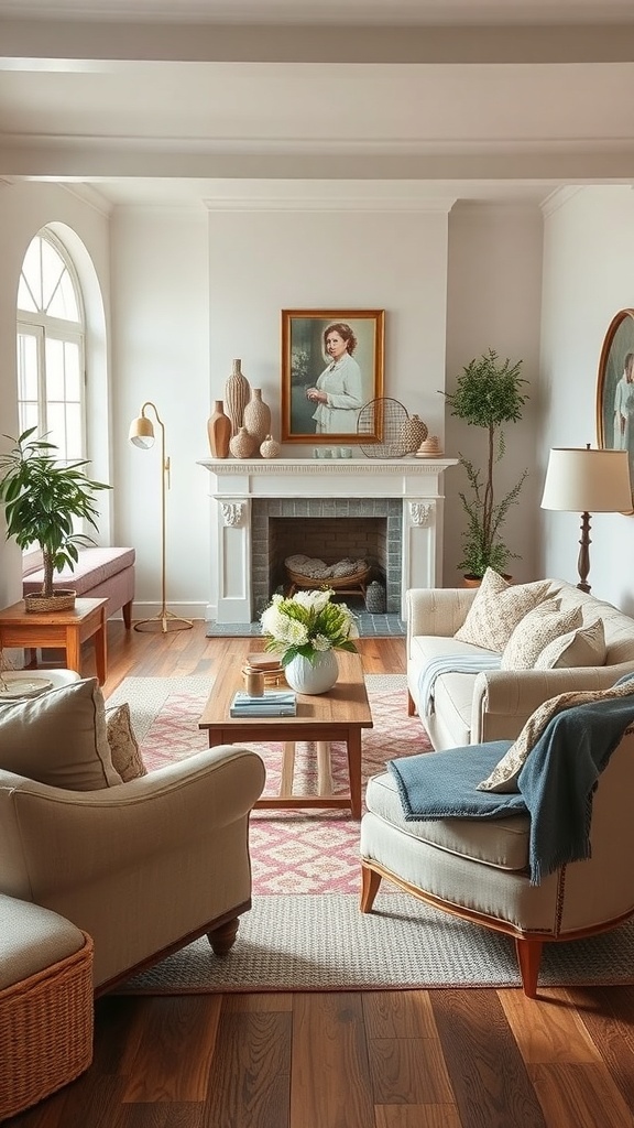 Cozy cottage living room with comfortable seating arrangements including sofas and armchairs.