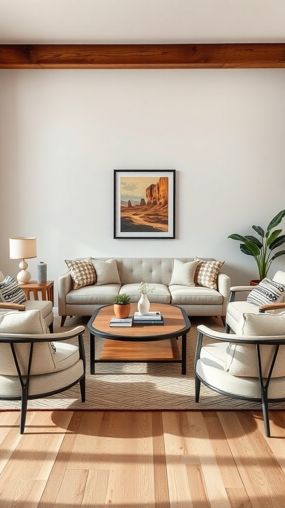 A cozy living room with a plush sofa, stylish armchairs, and a warm coffee table.