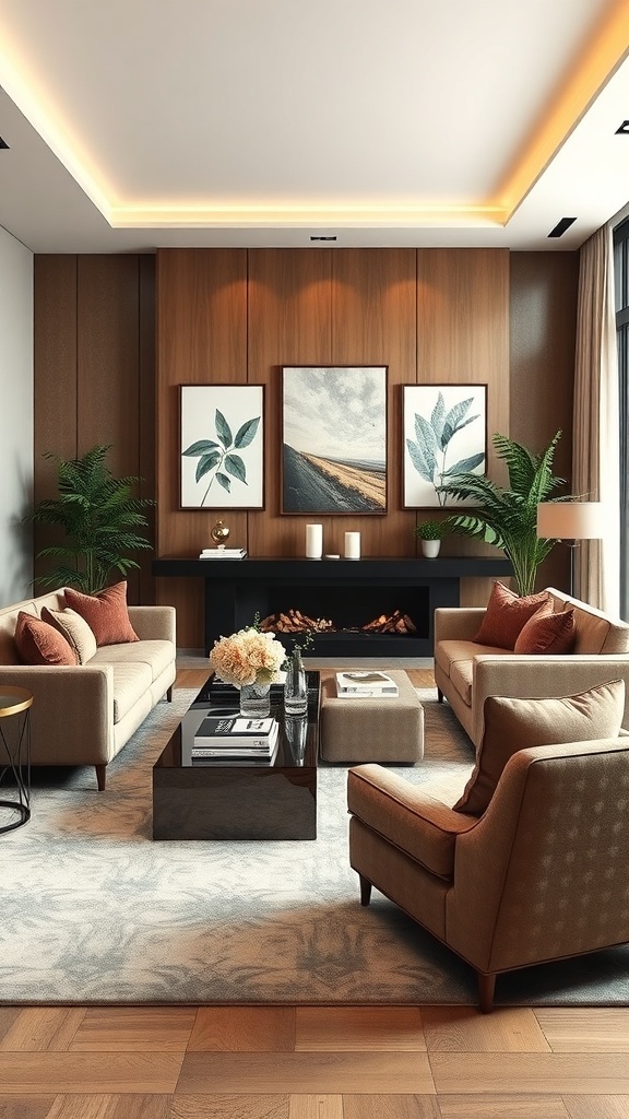 A cozy luxury living room featuring plush sofas, armchairs, and a stylish coffee table.