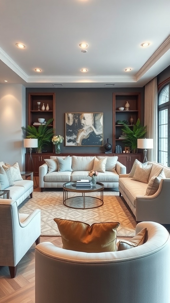 Cozy living room with comfortable seating arrangements, featuring plush sofas, a round coffee table, and decorative plants.