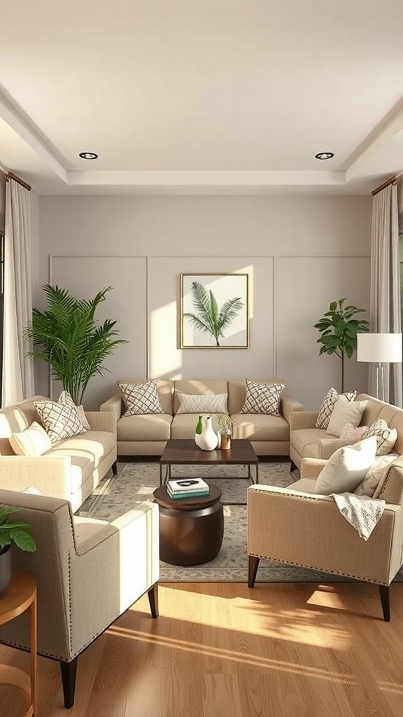 A cozy living room with a large sofa, armchairs, and a coffee table, featuring neutral tones and natural light.