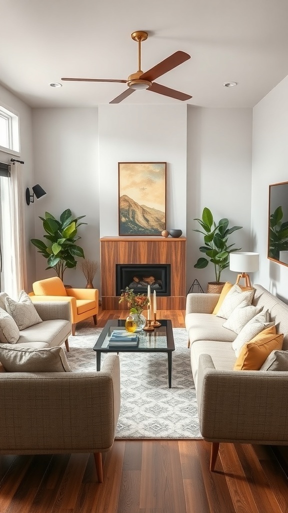 A cozy mid-century modern living room with two gray sofas, orange armchairs, a coffee table, and potted plants.