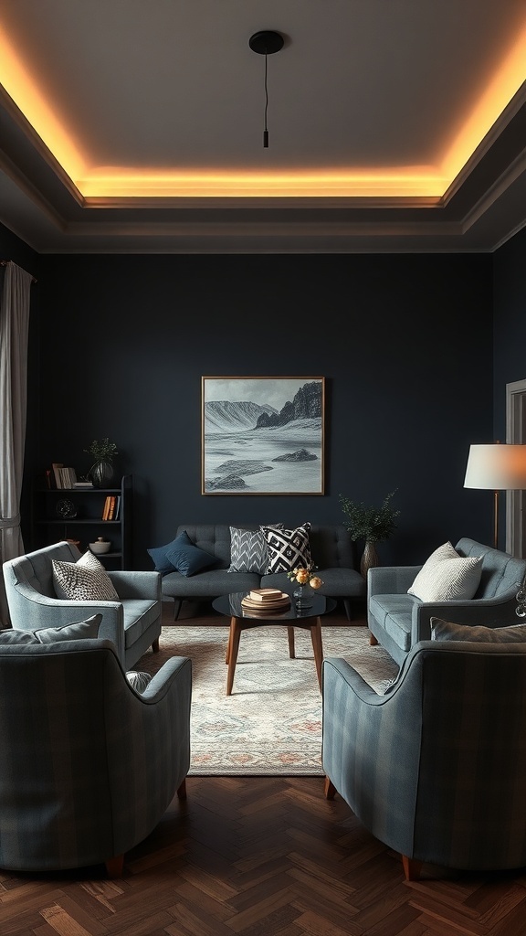 A cozy dark living room with comfortable seating arrangements, featuring plush armchairs and a sofa, illuminated by soft lighting.
