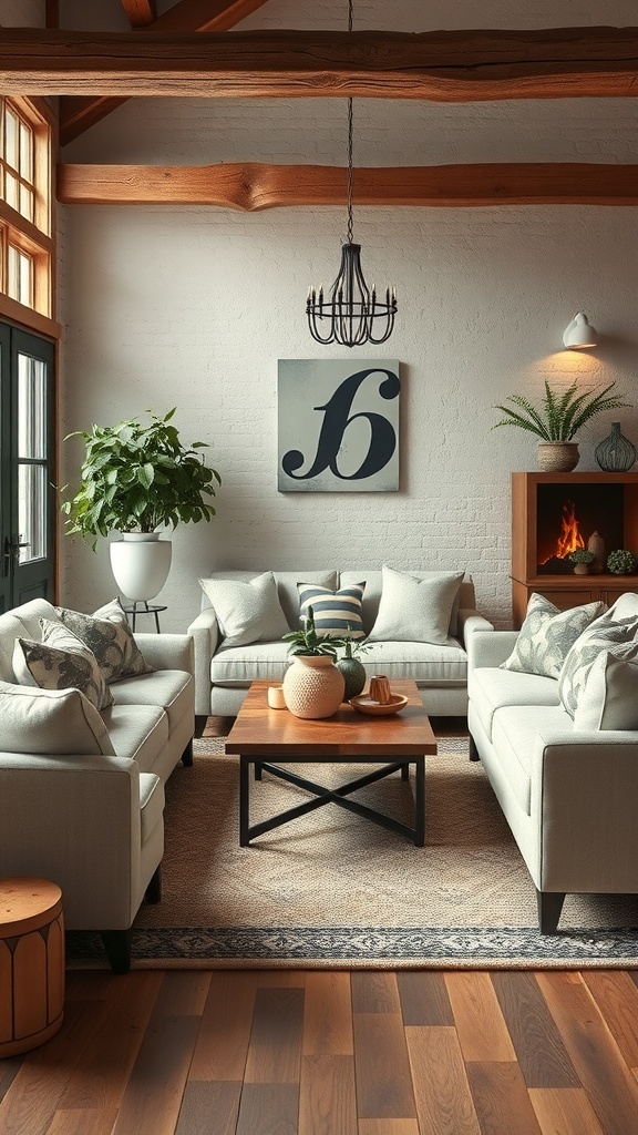 A modern rustic living room featuring light-colored sofas, a wooden coffee table, and a potted plant.