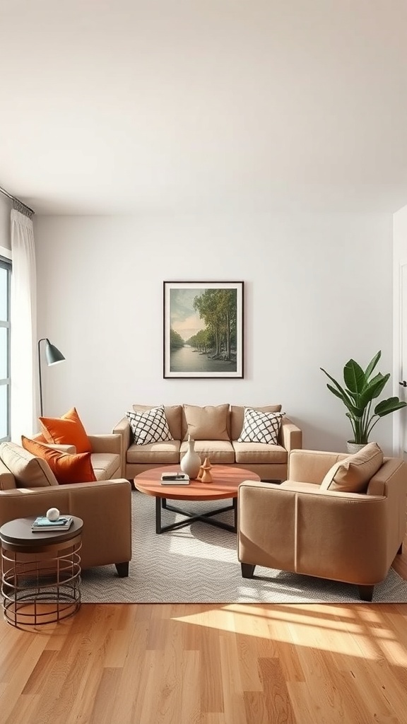 Cozy living room with comfortable seating arrangements, warm colors, and a welcoming atmosphere.