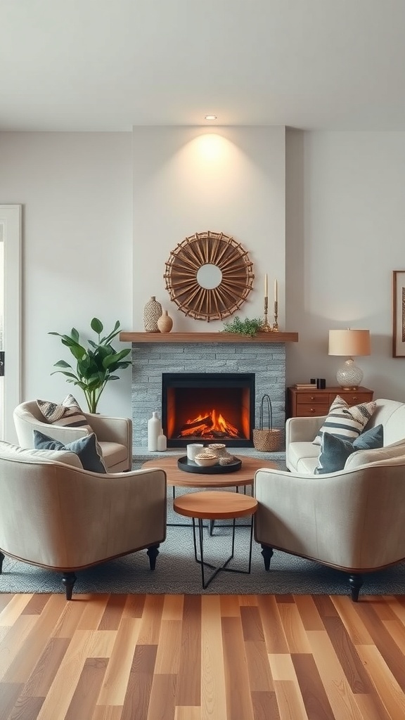 A cozy living room with two armchairs facing a fireplace, a round coffee table in the center, and warm wooden flooring.