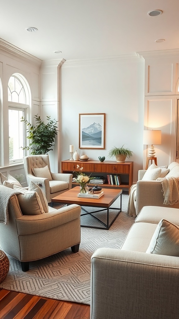 Cozy room with comfortable seating arrangements, featuring a sofa and chairs in neutral tones, a coffee table, and plants.