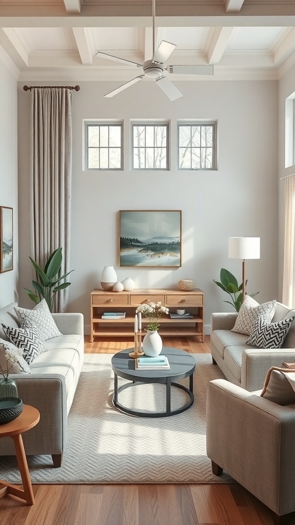 A cozy minimalist living room featuring two neutral sofas, a round coffee table, and natural light from windows.