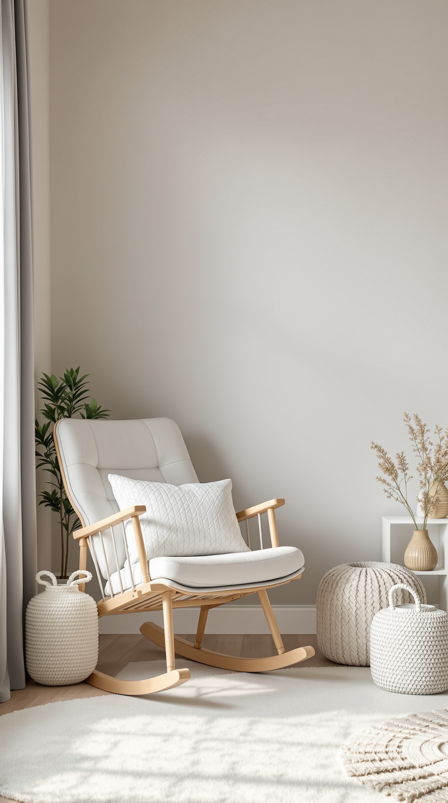 A cozy rocking chair with cushions in a baby room, surrounded by decorative poufs and a soft rug.