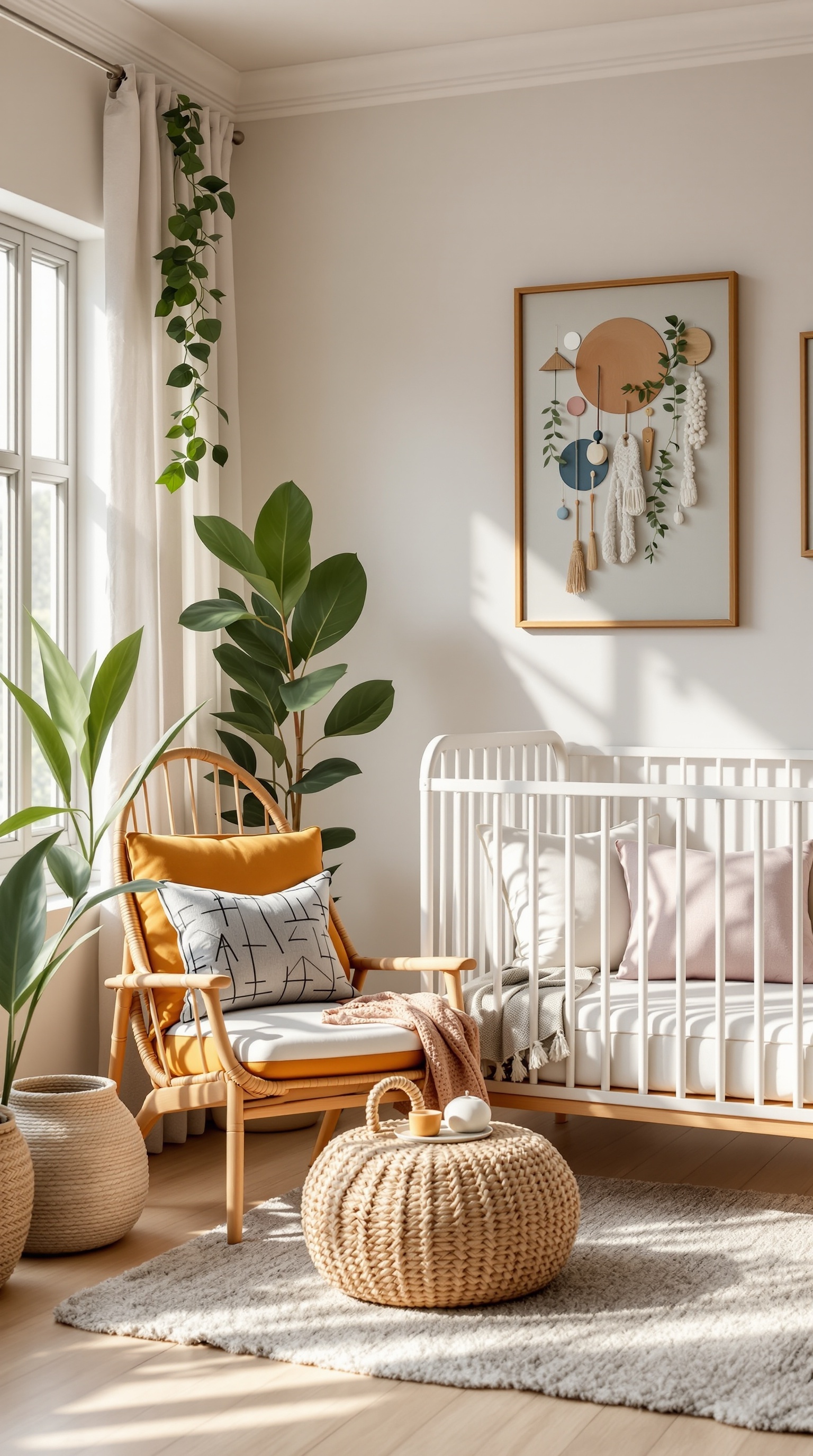 A cozy boho baby nursery with a rattan chair, yellow cushion, and a woven pouf, surrounded by plants and soft decor.