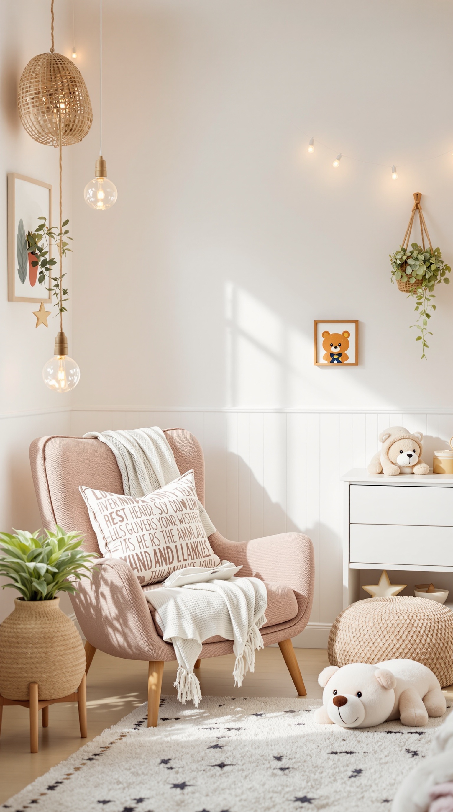 A cozy toddler room featuring a pink armchair, a throw blanket, and soft lighting.