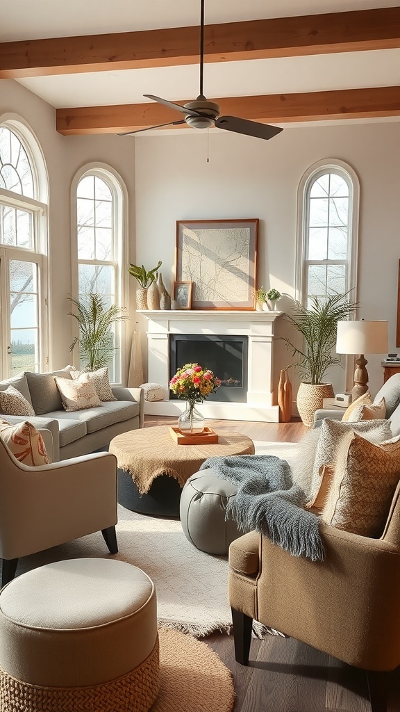 Cozy contemporary living room with comfortable seating options, including a gray sofa and beige accent chairs.