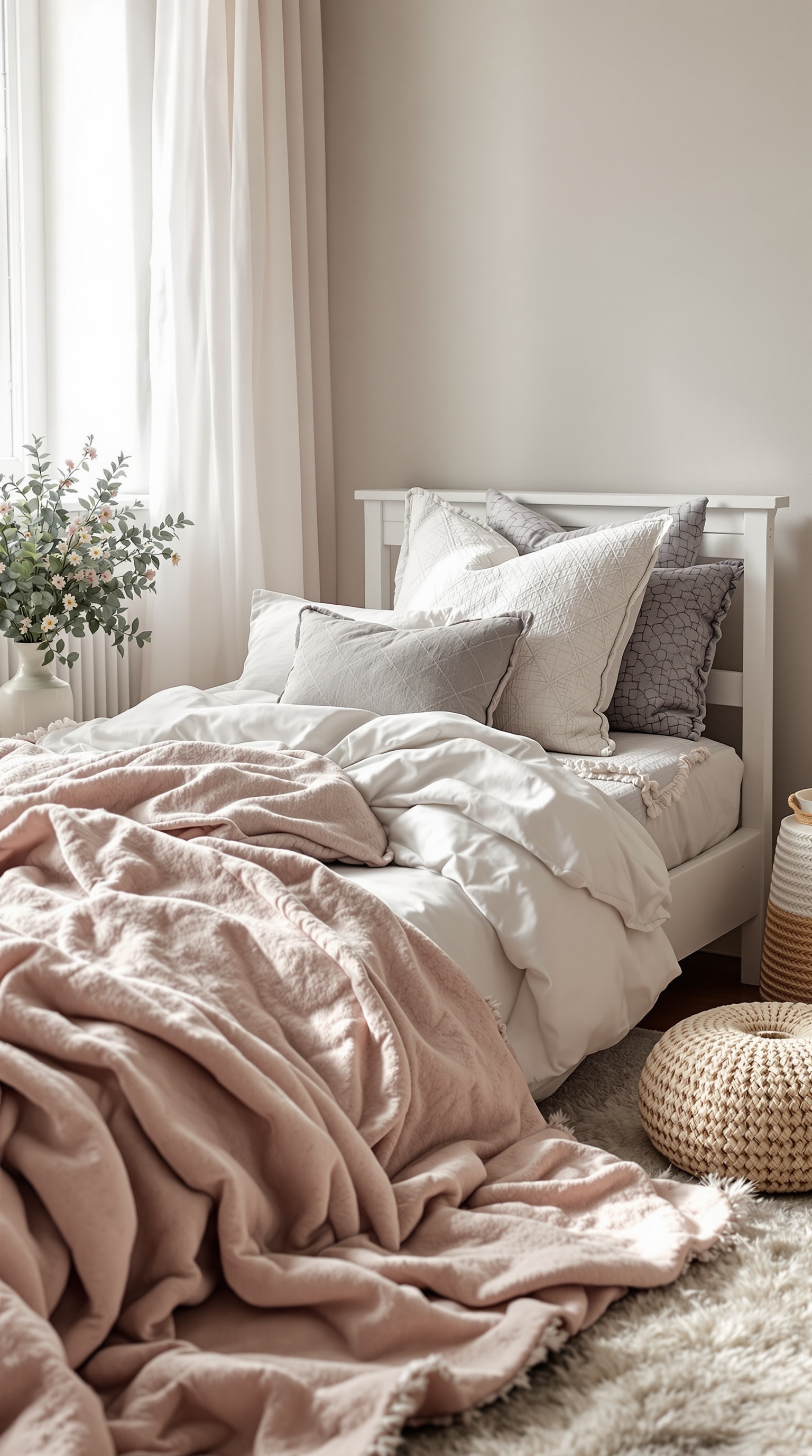 A cozy toddler bedroom featuring a bed with soft bedding, fluffy pillows, and a touch of greenery.