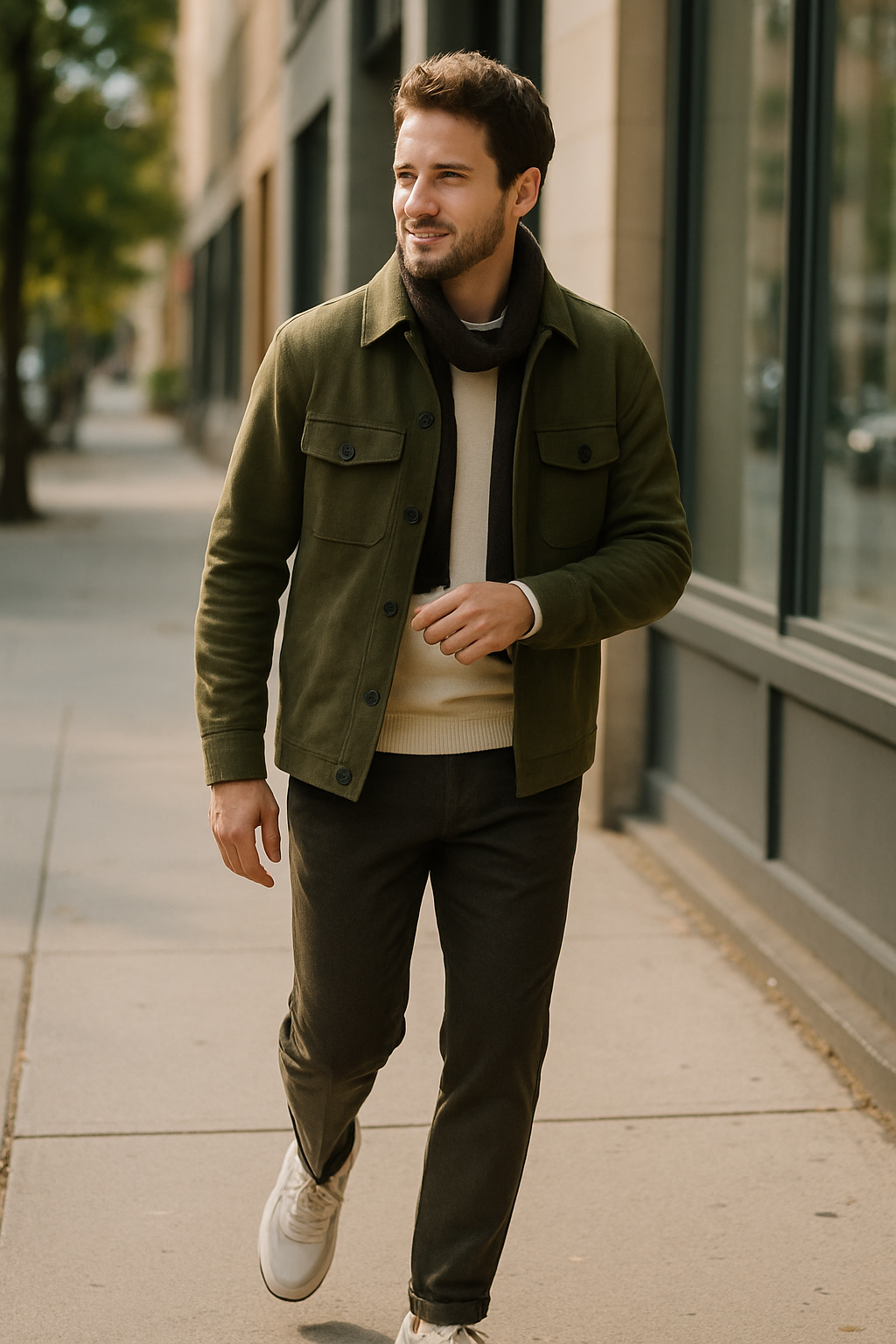 A man walking on the street wearing stylish sneakers, dark pants, and a jacket.