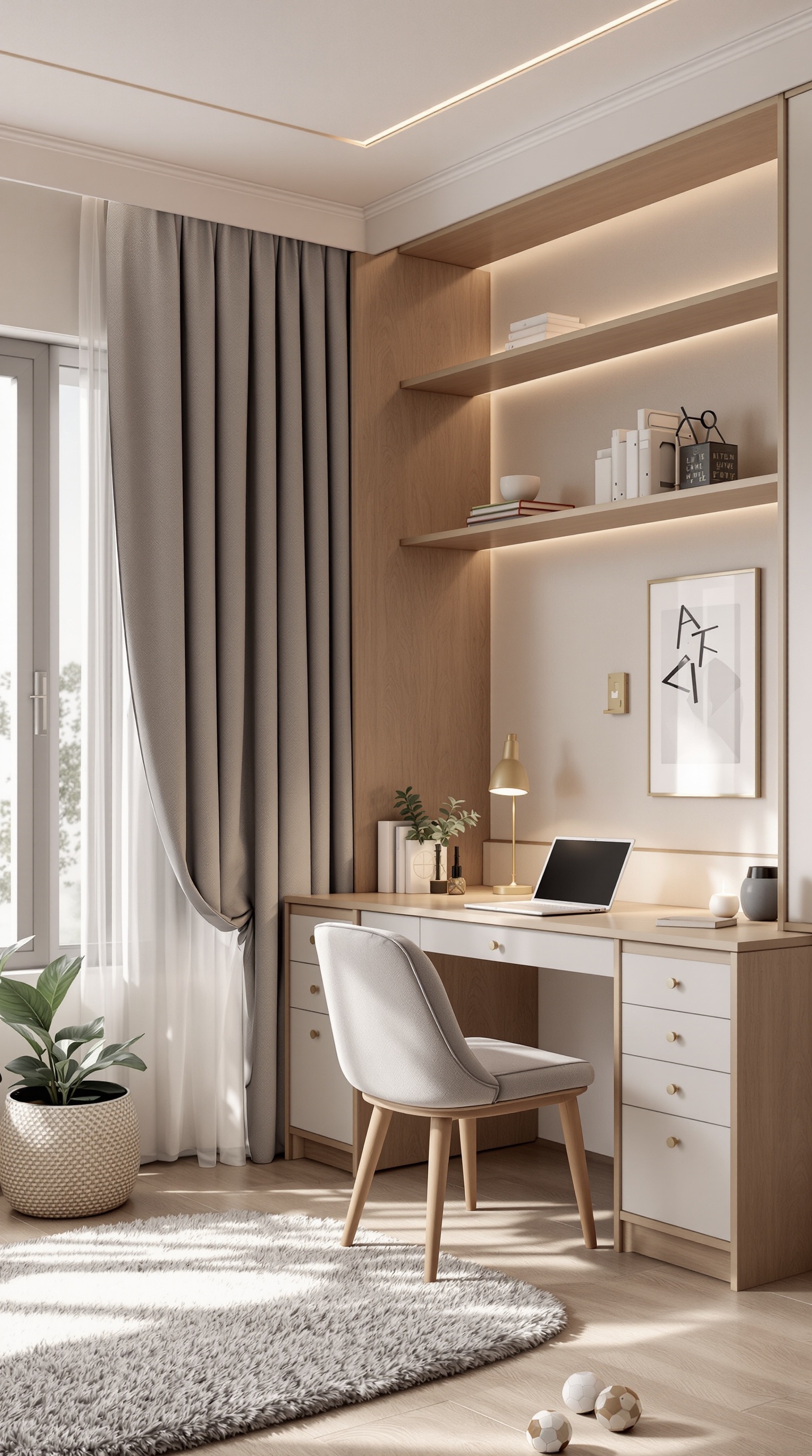A stylish kids' study area with a wooden desk, a comfortable chair, and decorative shelves.
