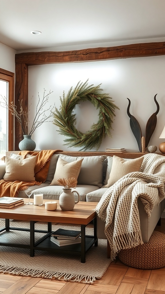 A cozy rustic living room featuring a soft throw blanket draped over a couch, complemented by natural wood accents and decorative pillows.