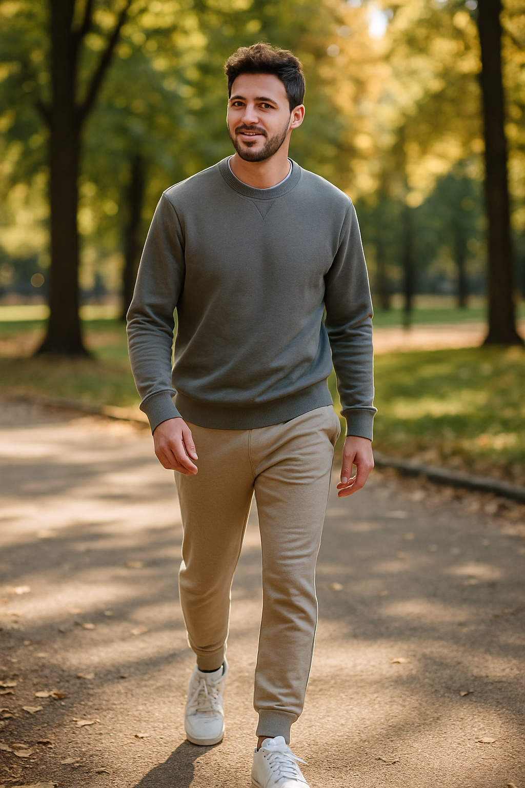 A man walking in a park wearing joggers and a sweatshirt.