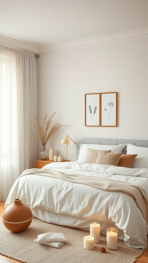 A cozy bedroom featuring soft bedding, candles, and natural decor elements.