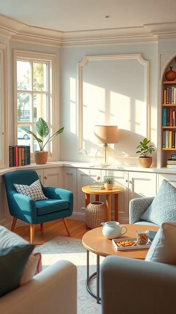 A cozy reading room featuring a beverages station with a teapot and snacks on a small table, surrounded by comfortable seating and natural light.