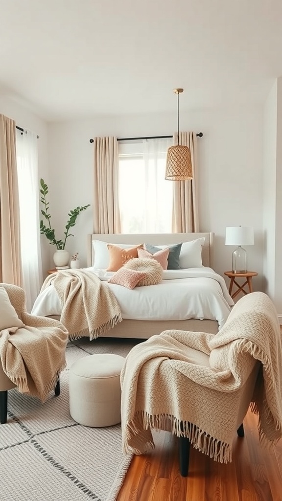 A cozy bedroom featuring soft throw blankets on chairs and a neatly made bed with decorative pillows.