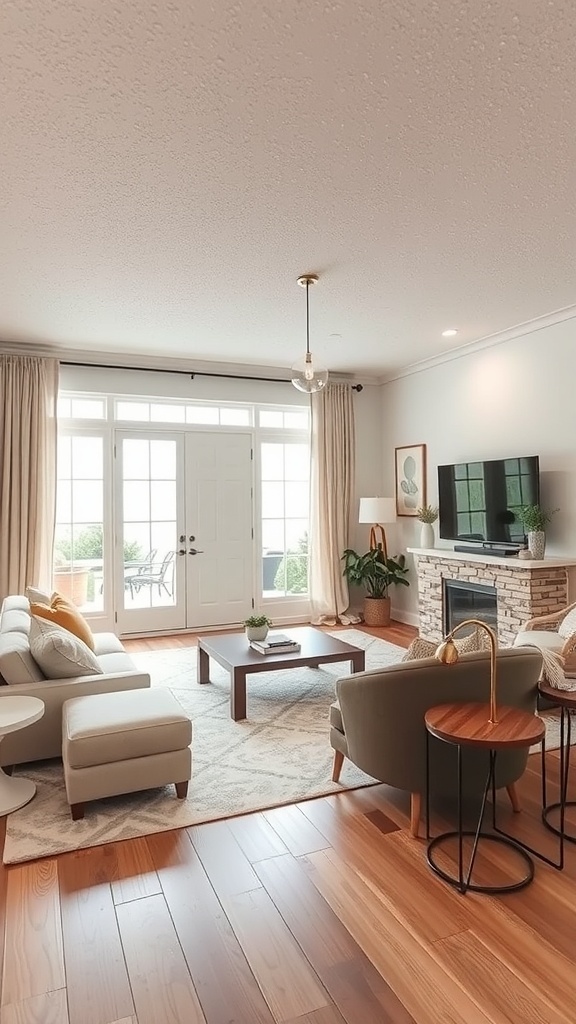 A modern living room with a popcorn ceiling and stylish decor.