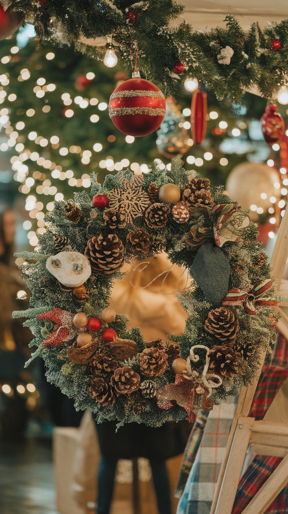 A beautifully decorated Christmas wreath with pinecones, ornaments, and festive details, hanging in a festive setting.