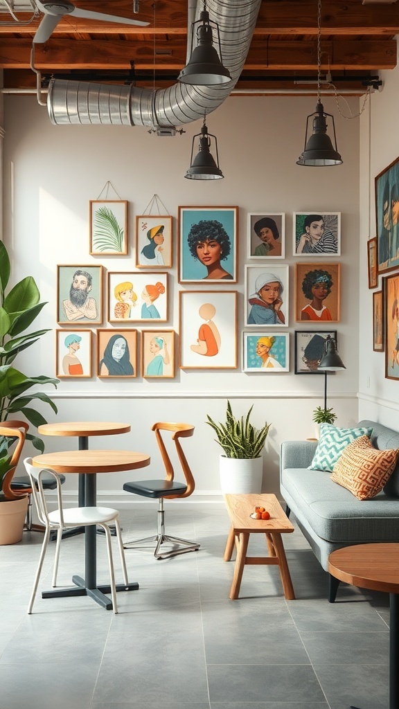Cozy cafe interior with community art displays on the wall