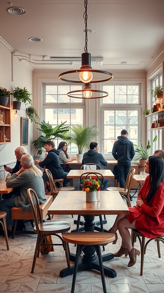 A cozy cafe interior with people gathered around tables, enjoying conversations and drinks.