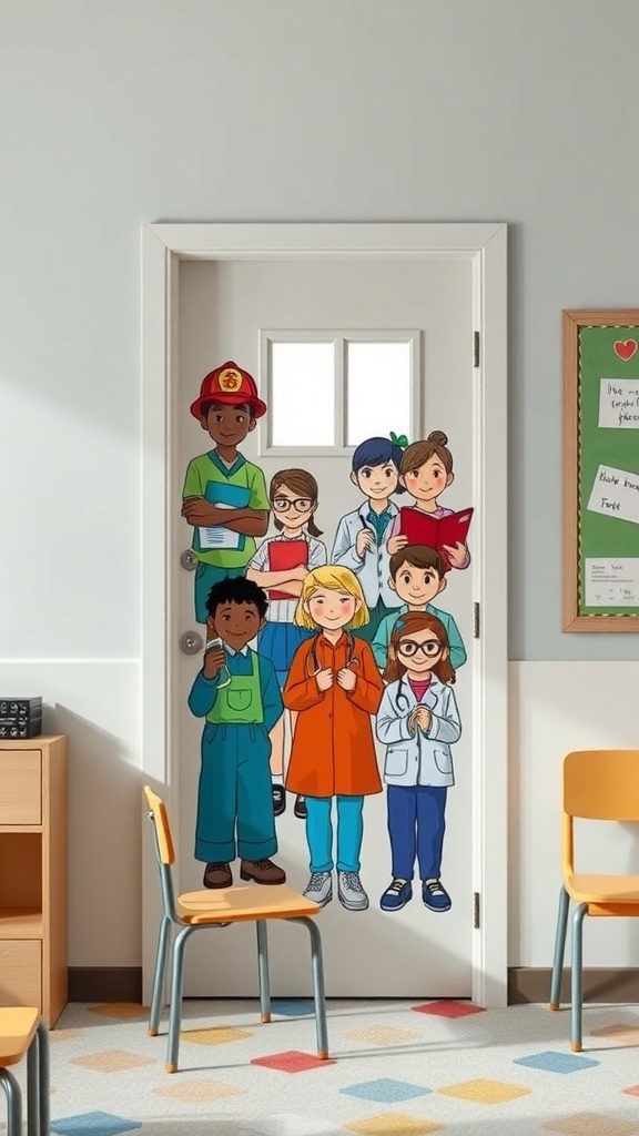 A classroom door decorated with colorful illustrations of community helpers, including a firefighter, doctor, and teacher.