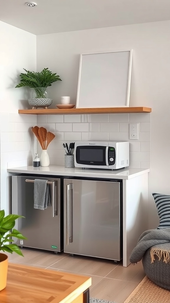 Compact kitchen setup with a mini fridge and microwave, featuring a shelf above for added storage.