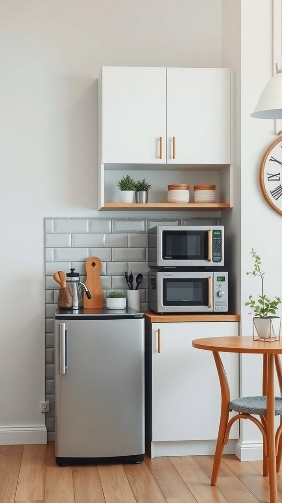 Compact kitchen appliances in a small apartment kitchen, featuring a refrigerator, microwave, and coffee maker.