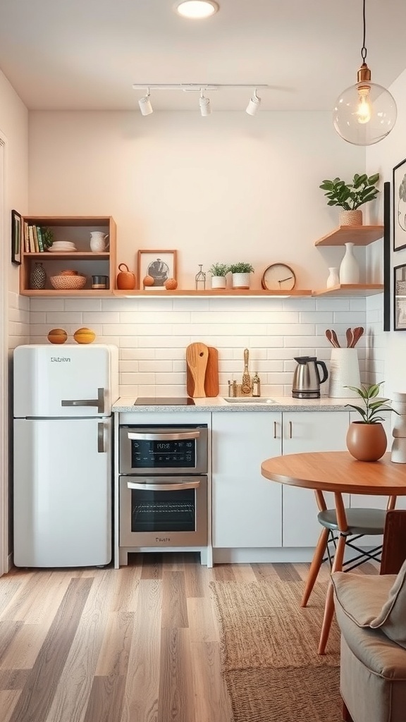 A compact kitchen with white cabinetry, a small refrigerator, an oven, and open shelving, featuring a cozy dining area.