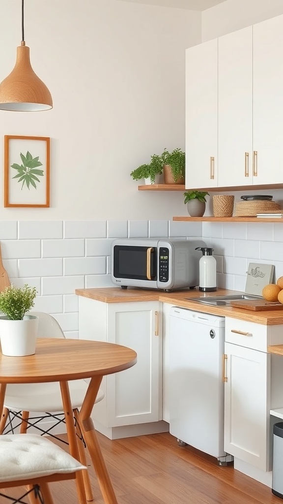 A compact kitchen featuring a small refrigerator, microwave, and wooden countertops.