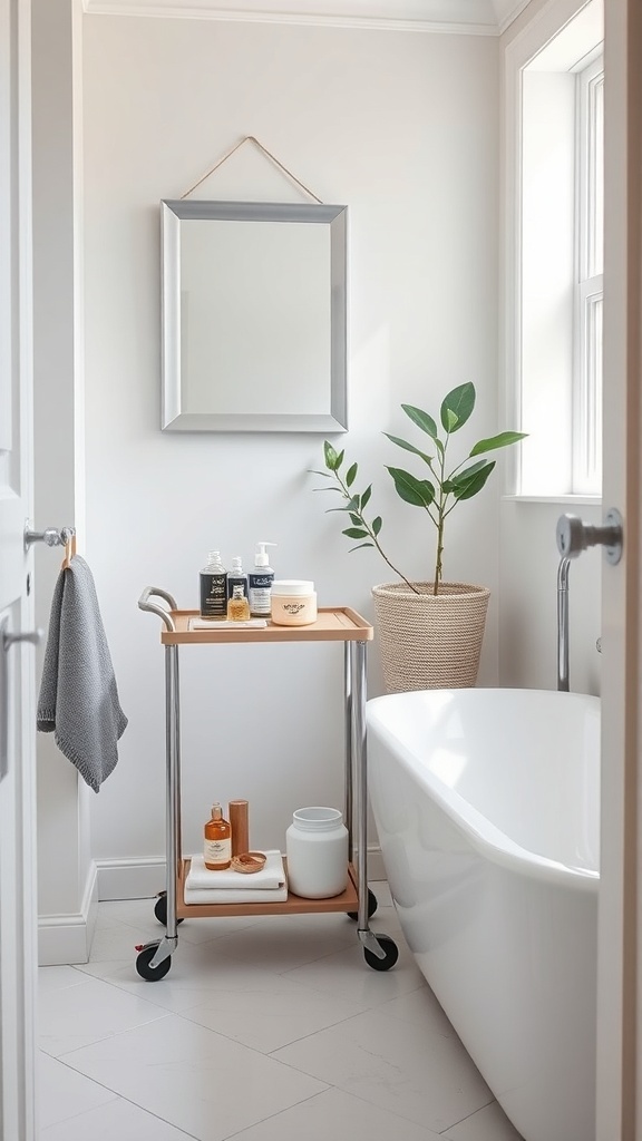 A compact bathroom cart with a wooden top and metal frame, holding toiletries and a plant, beside a bathtub.