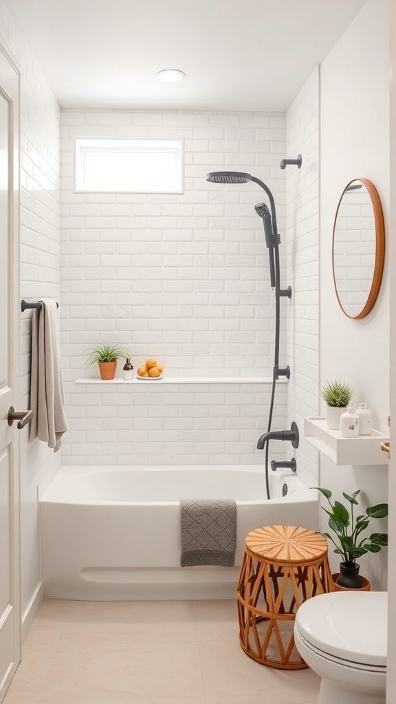 A minimalist small bathroom featuring a compact bathtub and shower, with bright tiles and natural decor.