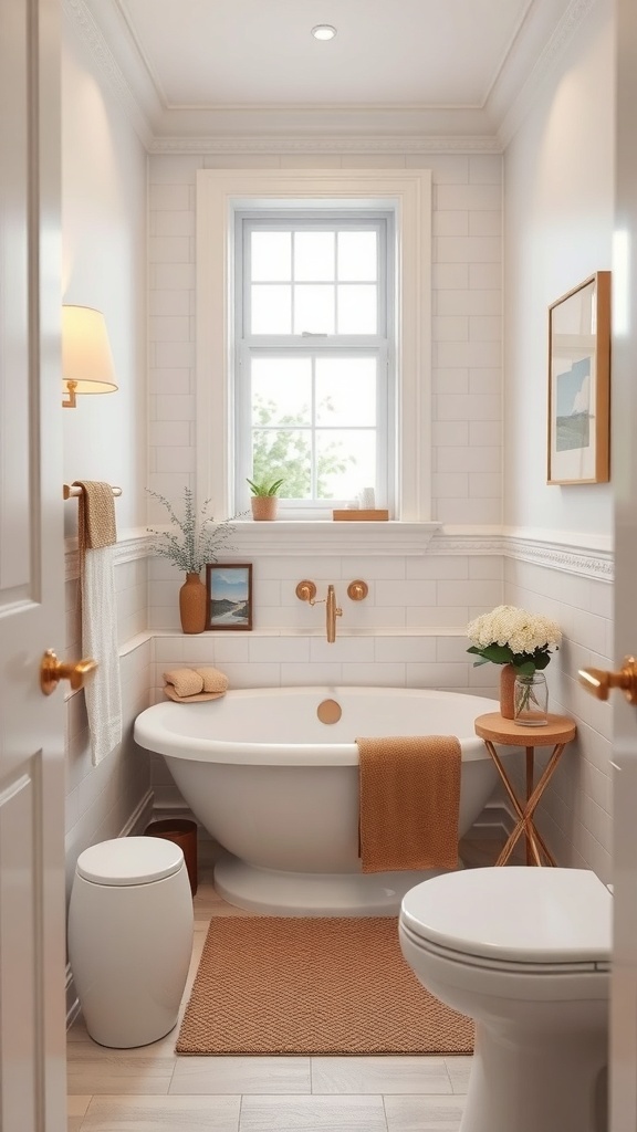 Cozy small bathroom with a compact bathtub, window, and warm decor.