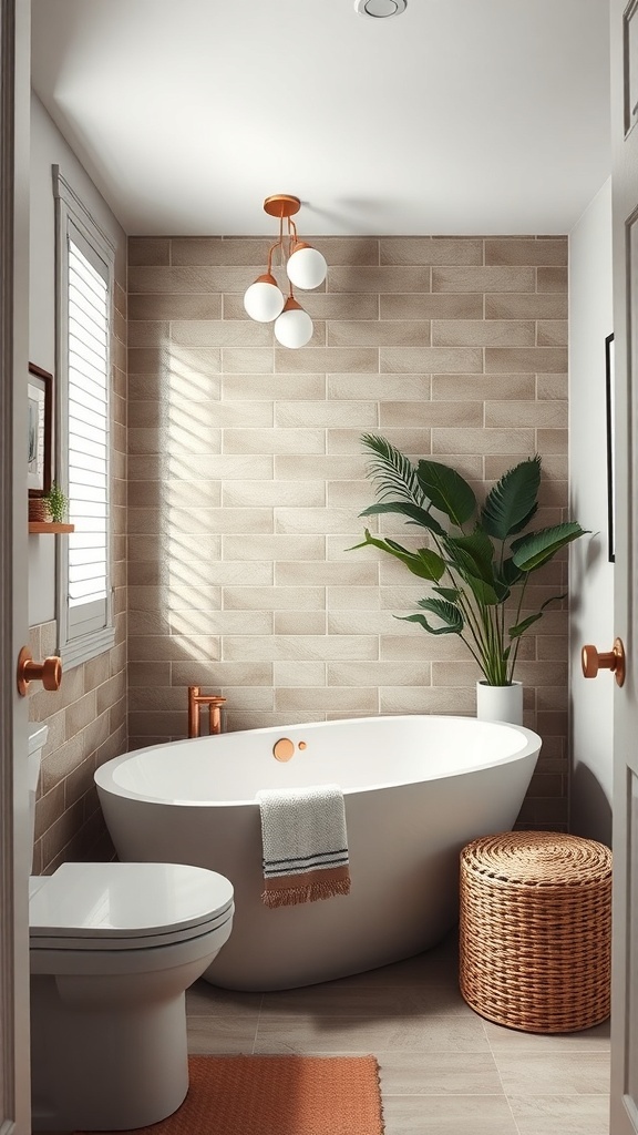 A modern compact bathroom featuring a white bathtub with a shower, beige tile walls, and a stylish light fixture.
