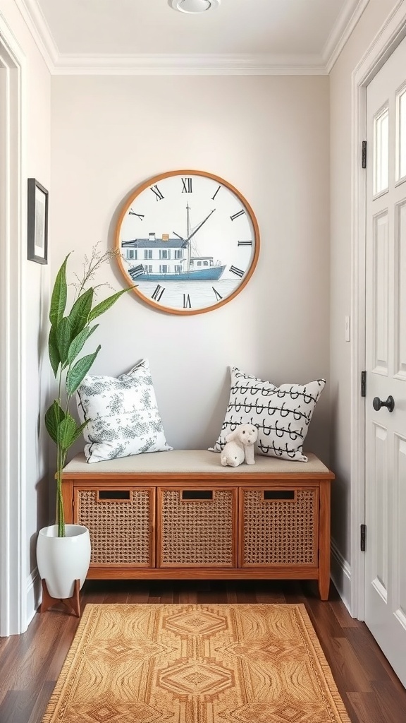A small entryway featuring a compact bench with storage, decorative pillows, a large wall clock, and a potted plant.