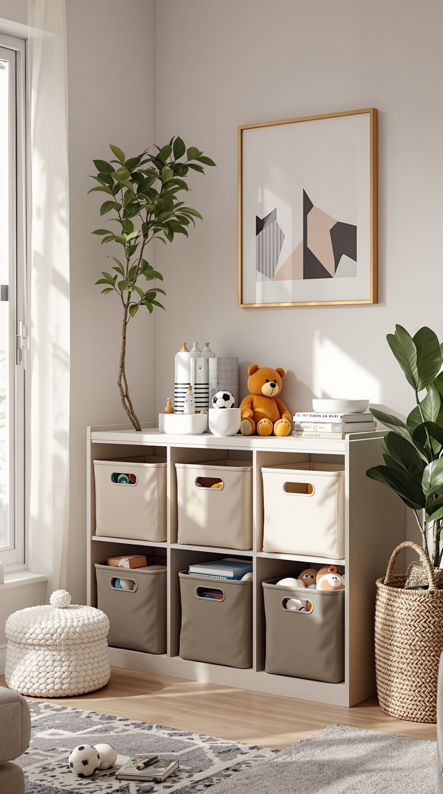 A stylish storage unit with compact bins for toys, featuring a teddy bear and decorative items on top.