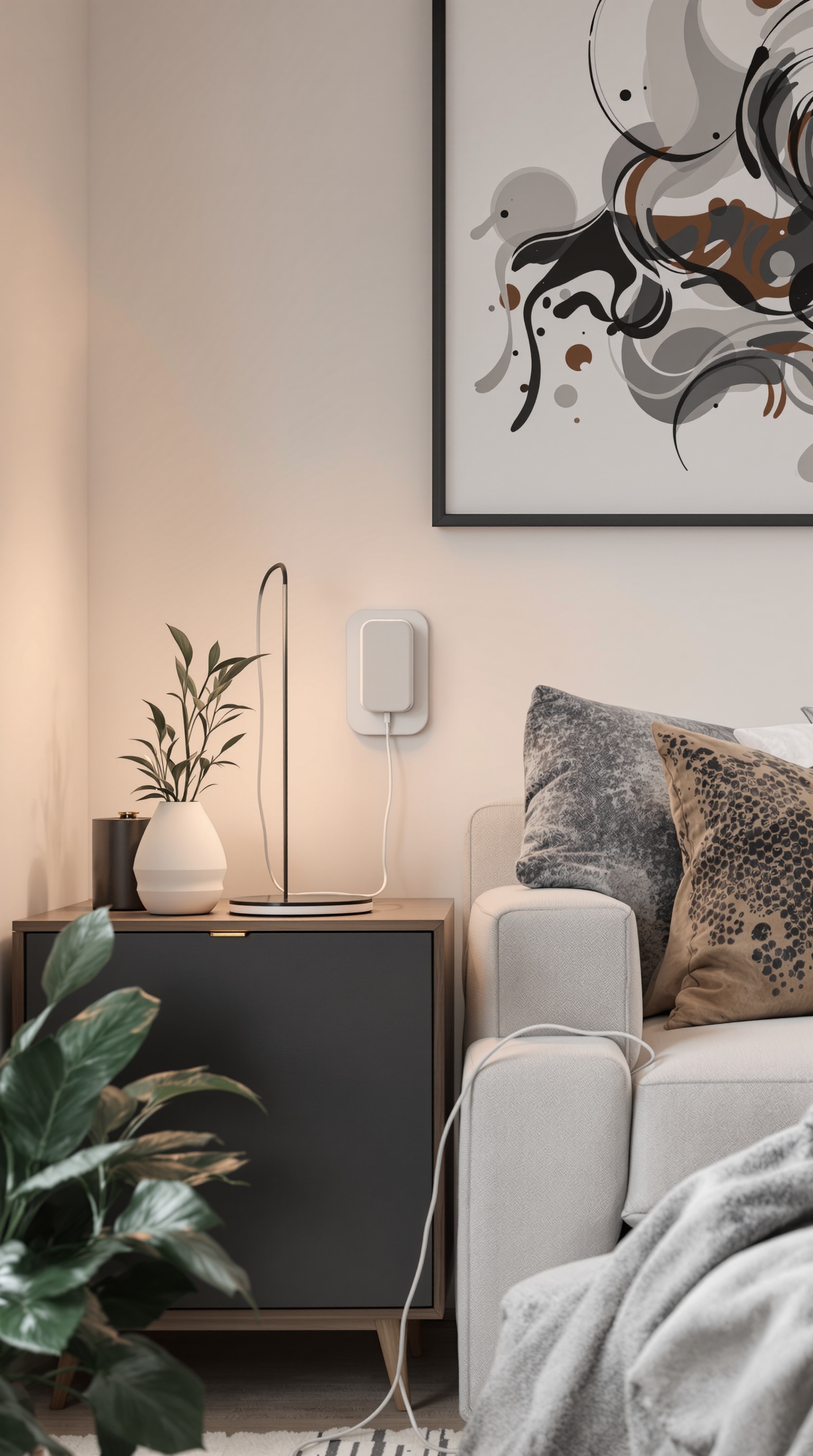 A compact charging station mounted on a wall next to a stylish lamp and plant, showcasing a modern living space.