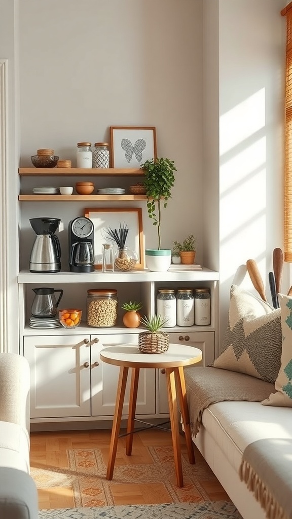 A compact coffee and snack station featuring a coffee maker, jars of snacks, and decorative plants on shelves.