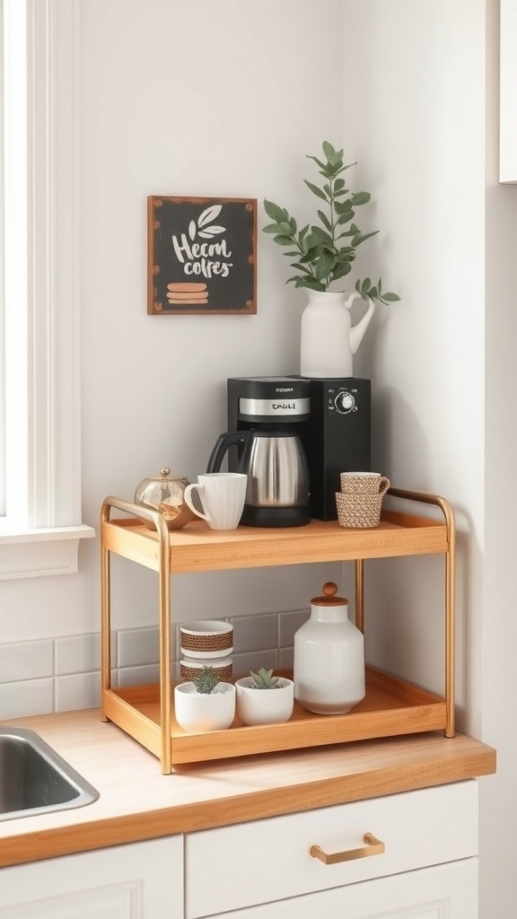 A compact coffee cart with a coffee maker, mugs, and decorative items on a kitchen counter.