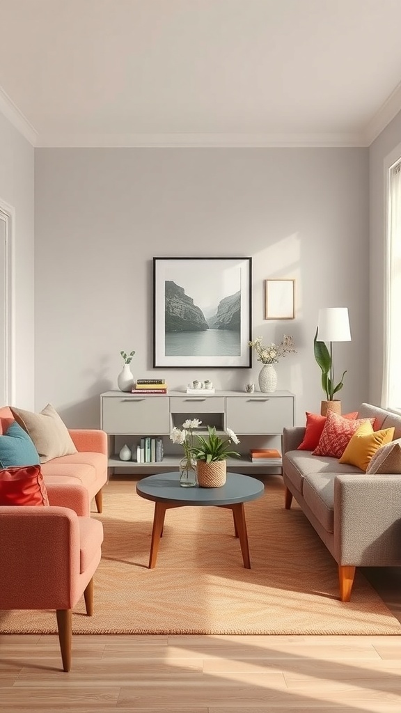 A compact lounge room featuring a round coffee table between two sofas, decorated with colorful cushions and a vase of flowers.