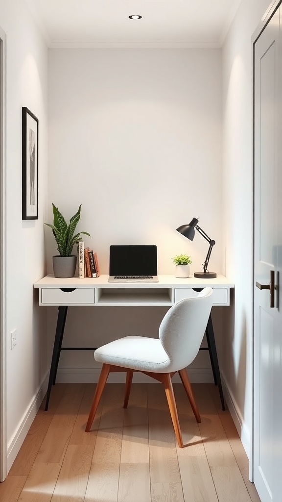 A compact home office setup featuring a small white desk, a chair, and decorative plants in a narrow space.