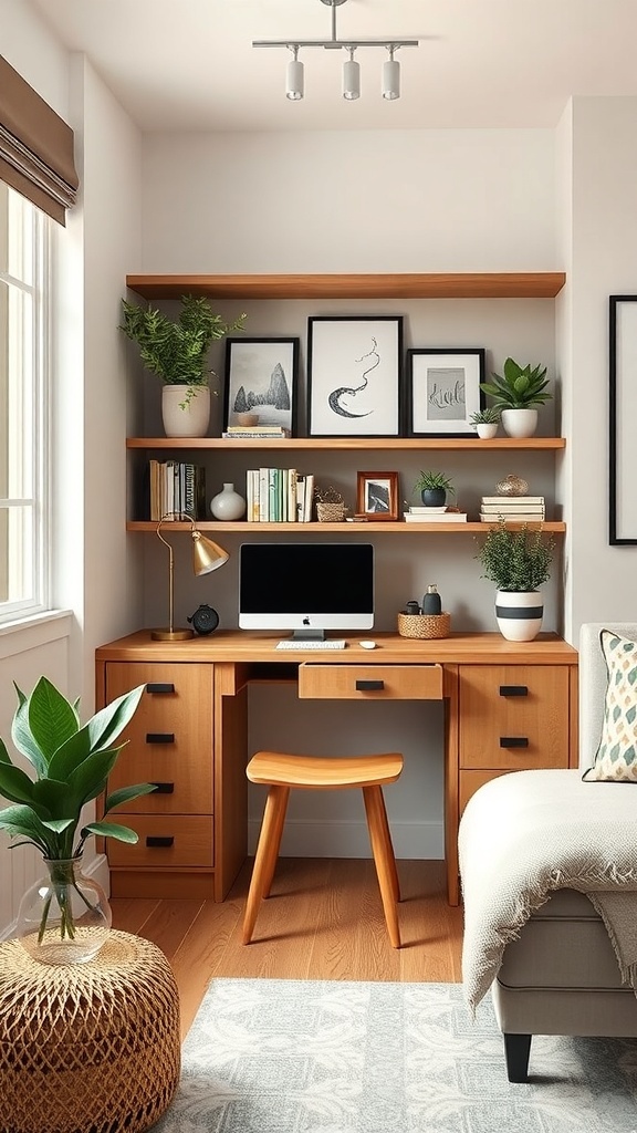 A compact desk setup with built-in storage, featuring a wooden desk, shelves, and plants.